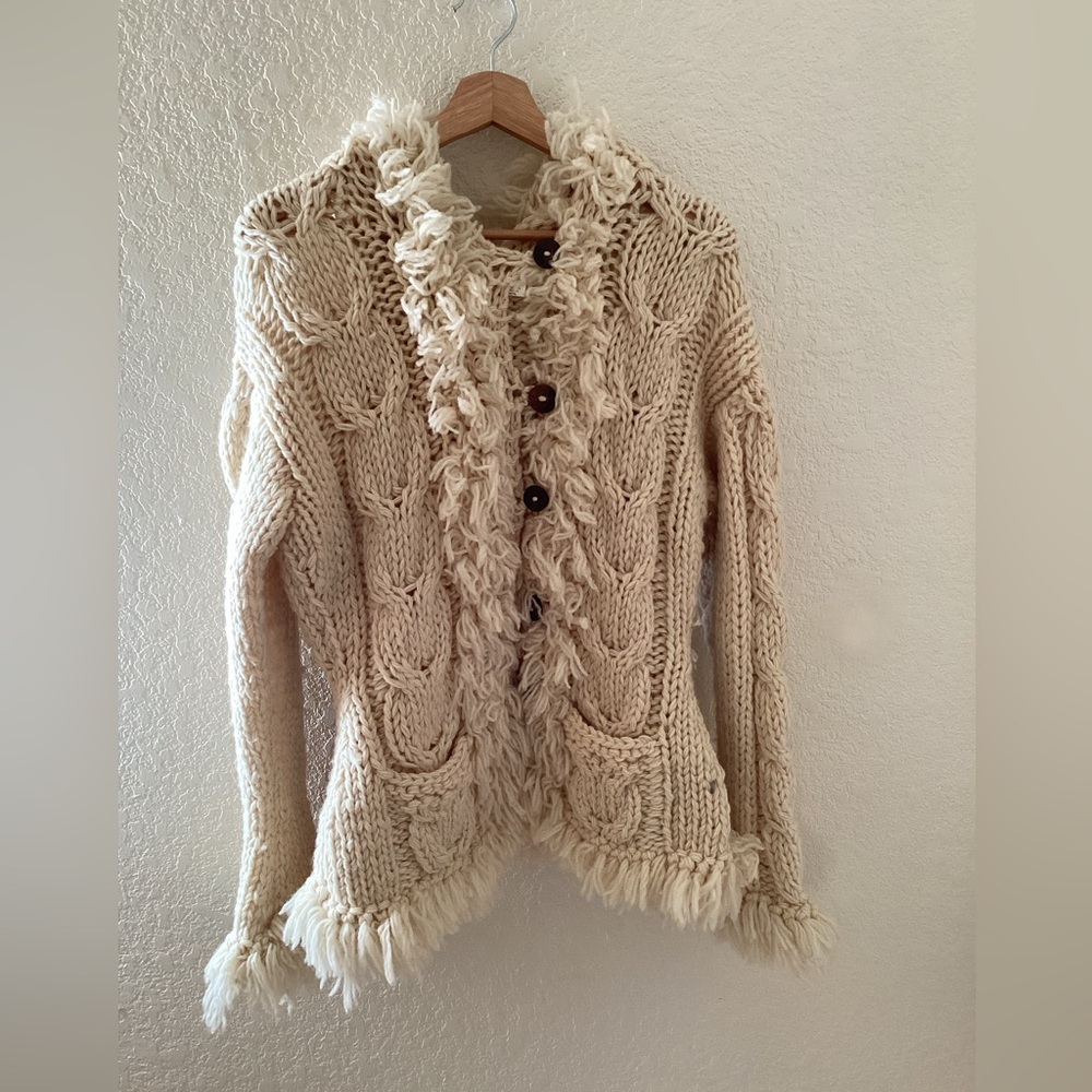 Wool Cream Off white Nepalese Cardigan Jacket Sweater Hooded